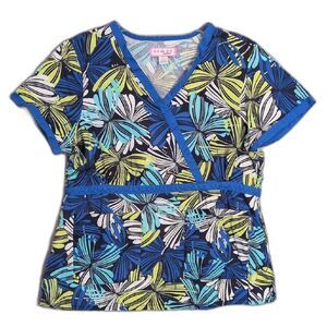 Koi Blue Butterfly Tropical Colorful Nurse Scrub Top Shirt Women's L